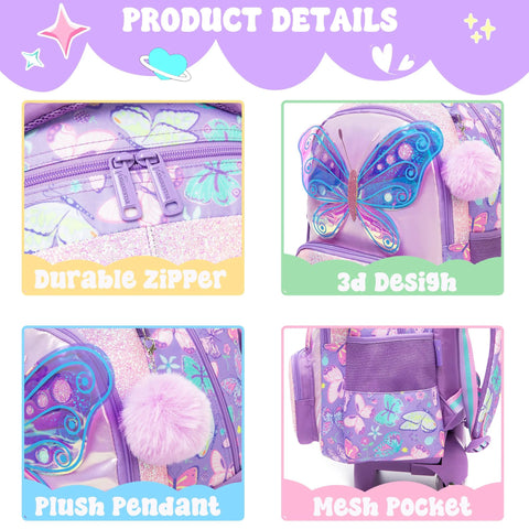 Children's butterfly rolling backpack with durable zipper, 3D design, plush pendant, and mesh pocket details.