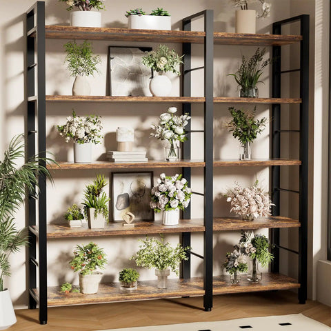 Sixty Five X Fifty L Shaped Bookshelf With Five Tier LED Accent Lighting Ten Spacious Open Compartments Adjustable Leveling Feet Slick Corner Rack For Chill Home Office Setup And Seriously Dope Display with decorative plants