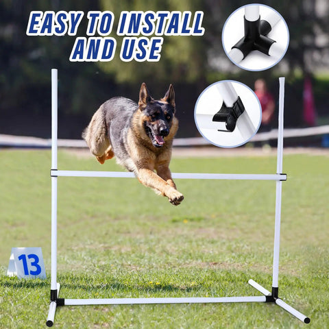 Dog jumping over hurdle from Four Piece Dog Agility Kit For Indoor Outdoor Play With Adjustable Jump Bars Up To 37 Inches, Easy Setup