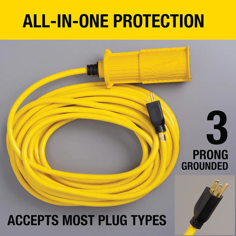 Built Like A Tank 50 Ft 14 3 Sjwt Heavy Duty Extension Cord with yellow three prong grounded plug and twist lock housing.