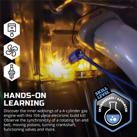 Hands On 4 Cylinder Engine Kit For STEM Lovers with illuminated model parts and skill level icon