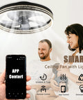 Low Profile Bladeless Ceiling Fan With Lights, App Or Remote Control, 19.7 Inch Flush Mount shown with family in living room.