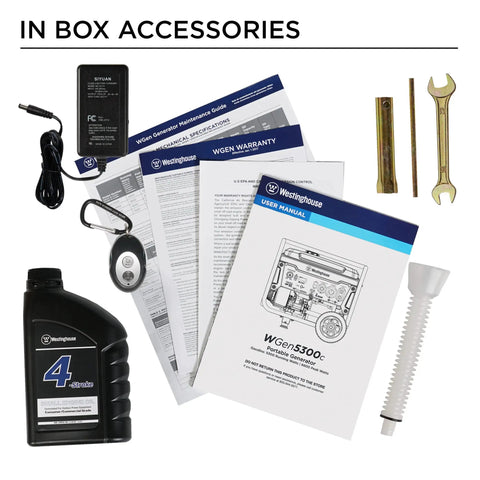 In-box accessories for Beast 6600 Watt Portable Generator For Home Backup With Remote Start and CO Sensor Auto Choke Transfer Switch Ready.