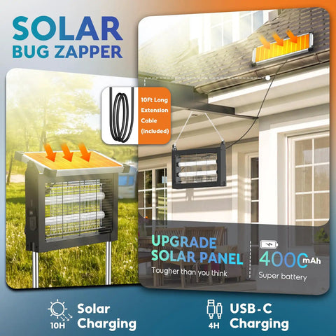 Solar Bug Zapper Outdoor Mosquito Killer 4500V Waterproof Portable Cordless Fly Trap installation on patio
