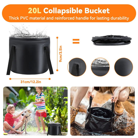 20L collapsible bucket used with Portable Camping Shower Kit With 7800mAh Battery, Built In Heater, IPX8 Waterproof system