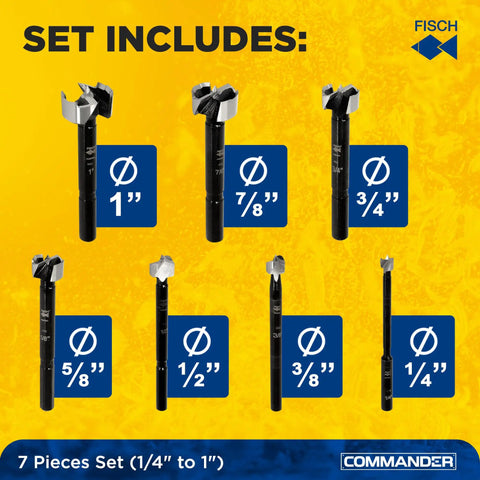 Tough As Nails Forstner Drill Bit Set Forged Steel Center Points For Hella Smooth Woodworking and Precision Hole Drilling; 7 pieces from 1" to 1/4".