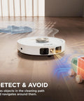 Stratos 2 In 1 Robot Vacuum And Mop with NeverTouch Self Cleaning Base detecting objects on floor in living room.