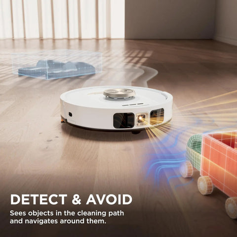 Stratos 2 In 1 Robot Vacuum And Mop with NeverTouch Self Cleaning Base detecting objects on floor in living room.