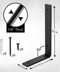 Heavy-Duty Shelf Brackets Premium Construction Grade One Quarter Inch Thick Steel Matte Black Iron Finish For Modern Farmhouse Rustic Open Shelving With Hardware Four Pack L Bracket Ten Inch By Six Inch showing bracket dimensions