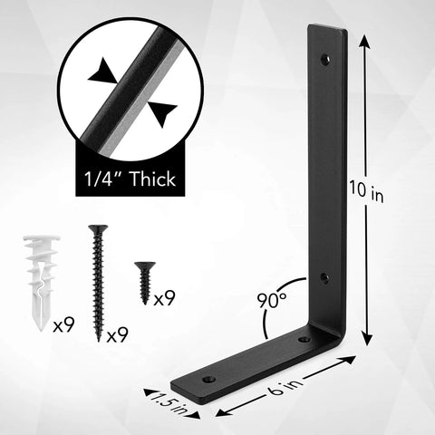 Heavy-Duty Shelf Brackets Premium Construction Grade One Quarter Inch Thick Steel Matte Black Iron Finish For Modern Farmhouse Rustic Open Shelving With Hardware Four Pack L Bracket Ten Inch By Six Inch showing bracket dimensions