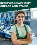 Smiling worker in workshop holding wrench, text 'Removes Heavy Dirt, Grease and Stains,' promoting Heavy Duty Grime Busting Cleaner And Degreaser Concentrate, Non Toxic And Biodegradable, Non Flammable, Non Abrasive, Non Corrosive, Safe On Washable Surfaces, Flexible For Grime, Dirt, And Oil, 5 Gallons
