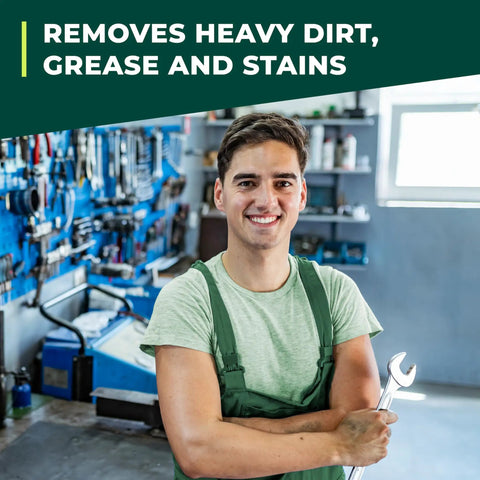 Smiling worker in workshop holding wrench, text 'Removes Heavy Dirt, Grease and Stains,' promoting Heavy Duty Grime Busting Cleaner And Degreaser Concentrate, Non Toxic And Biodegradable, Non Flammable, Non Abrasive, Non Corrosive, Safe On Washable Surfaces, Flexible For Grime, Dirt, And Oil, 5 Gallons