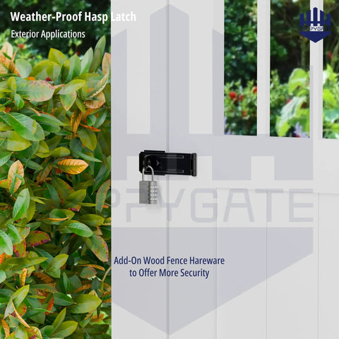 Heavy Duty Swivel Staple Safety Hasp Latch Lock With Twist Knob In Matte Black Stainless Steel With Rust Proof Coating For Outdoor Indoor Padlock Security Built Tough To Lock Your Gear Down Tight on a white gate with a padlock.