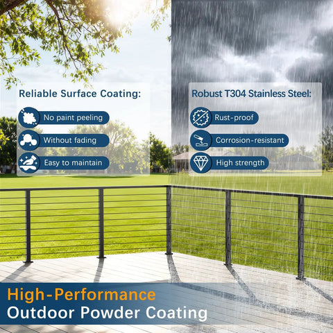 Slick Black 36 Inch Cable Railing Corner Post Featuring Ten Pre Drilled Deck Mounting Holes showing reliable powder coating and durable steel.