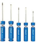 5-piece screwdriver set with blue acetate handles and nickel-chrome tips, shown at an upright angle