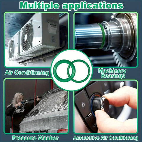 Huge 595 Piece Metric And SAE O Ring Kit With 36 Sizes For Automotive A C Compressor And Plumbing DIY Friendly Rubber Seals Oil And Heat Resistant Assorted O Rings Set In Green shown with uses for air conditioning, machinery bearings, and pressure washers.