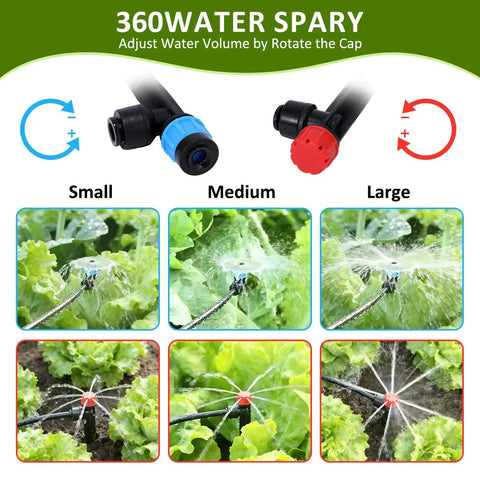 Three Hundred Foot Drip Irrigation Kit For Lawn And Garden With Seventy Foot One Half Inch Main Line And Two Hundred Thirty Foot One Quarter Inch Distribution Tubing Auto Watering And Misting System No Fuss Easy Plug And Play Setup For Garden Beds showing various water spray sizes