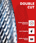 Close-up of tungsten carbide burrs with double-cut flutes; metal teeth on left, red banner with DOUBLE CUT text.