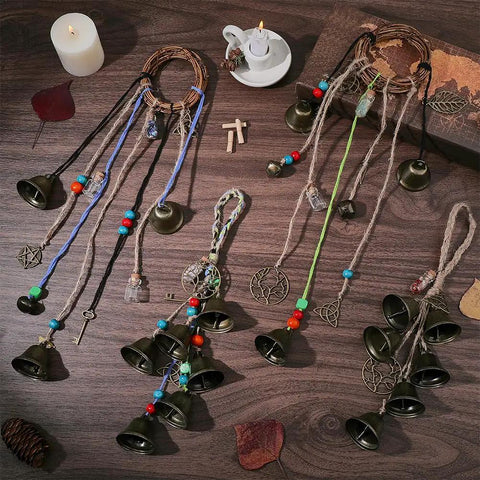 108 Piece DIY Witch Bell Kit For Protection And Home Decor with antique boho wind chime door knob hangers and wreaths displayed