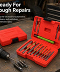 Heavy Duty Screw Extractor And Left Hand Drill Bits Set in red case, showing cobalt bits and extractors for broken bolt removal.