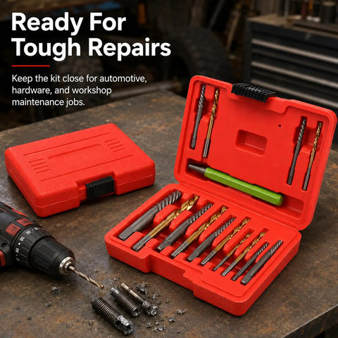 Heavy Duty Screw Extractor And Left Hand Drill Bits Set in red case, showing cobalt bits and extractors for broken bolt removal.