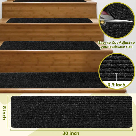 No Slip Carpet Stair Treads For Wooden Steps, 16 Piece 8 By 30 Inch Self Adhesive Stair Runners, Anti Slip Mats For Dogs Kids Elders, Quiet Durable Black