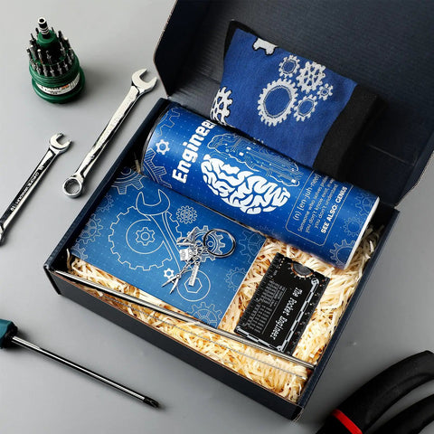 Six Piece Engineering Graduation Gift Set For Men Including Stainless Tumbler Cup, Engineering Ruler, Engineer Socks in gift box.