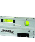 Close-up of Magnetic Torpedo Laser Level with Four Vials for Plumb, Level, and 45-Degree Angles in silver and black with laser points