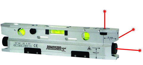Close-up of Magnetic Torpedo Laser Level with Four Vials for Plumb, Level, and 45-Degree Angles in silver and black with laser points