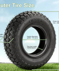 4.10/3.50-6 Outer Tire for Go Karts ATVs Quads on grass with dimensions and tire specifications displayed