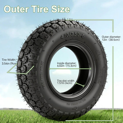 4.10/3.50-6 Outer Tire for Go Karts ATVs Quads on grass with dimensions and tire specifications displayed