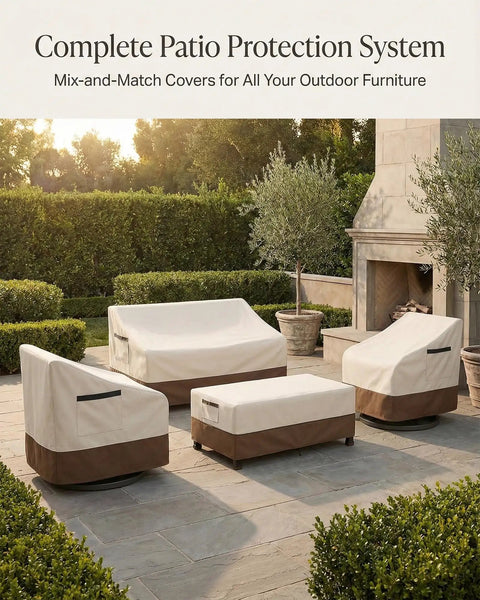 Built To Last Heavy Duty Waterproof Patio Ottoman Cover for square table, beige brown, with patio furniture, outdoor setting