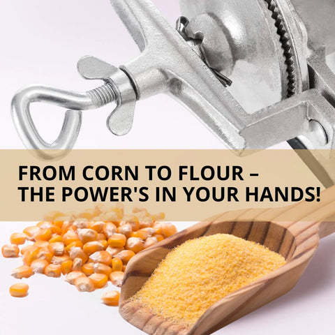 Manual Hand Crank Grain Mill Grinder For Fresh Flour In Minutes With Durable Iron Construction And Clamp Handle For Easy Home Use Perfect For Grinding Corn Wheat Nuts And Other Grains In A Compact Silver Design
