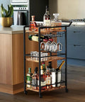 Top Shelf 3 Tier Rolling Bar Cart With Secure Wine Rack And Hassle Free Lockable Wheels, Rustic Brown Utility Drink Serving Shelf For Home Kitchen Or Weekend Kickbacks displayed in kitchen with bottles and glasses.