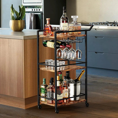 Top Shelf 3 Tier Rolling Bar Cart With Secure Wine Rack And Hassle Free Lockable Wheels, Rustic Brown Utility Drink Serving Shelf For Home Kitchen Or Weekend Kickbacks displayed in kitchen with bottles and glasses.