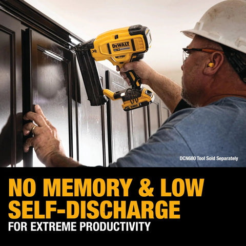 Compact 20V Max Lithium Ion Battery Twin Pack 2.0Ah in use with cordless nailer on wooden cabinets for enhanced productivity.