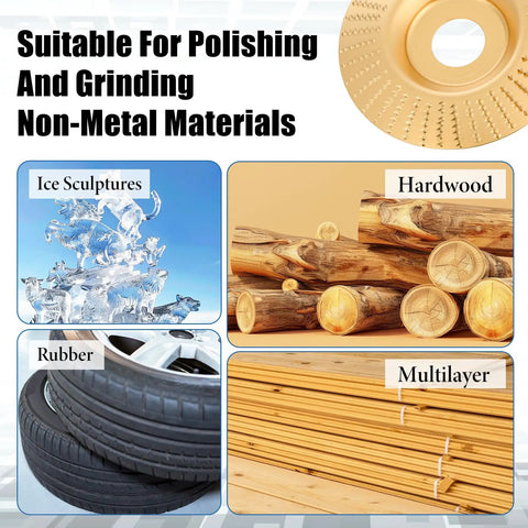 Image showing suitability of Wood Carving Disc Set For Angle Grinders, 14-Piece Kit with Rotary Burrs for grinding ice, hardwood, rubber, multilayer.