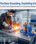 Heavy Duty Super Magnetic Welding Support Clip With Strong Suction Adjustable Magnet Clamp For Copper Tail Ground Connectors And Pro Welders Using Durable Gear on a metal table in a workshop.