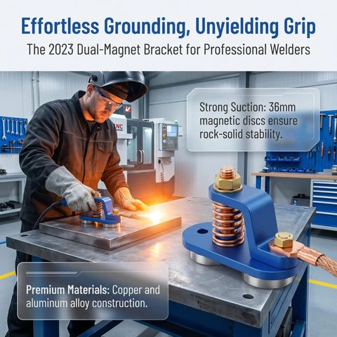 Heavy Duty Super Magnetic Welding Support Clip With Strong Suction Adjustable Magnet Clamp For Copper Tail Ground Connectors And Pro Welders Using Durable Gear on a metal table in a workshop.