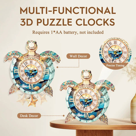 Hands-On 3D Clock Kit For Adults, Turtle Design Mechanical DIY Pendulum Clock with Roman Numerals, shown as desk decor