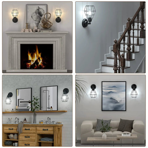 Industrial Wire Cage Wall Sconce Two Pack Vintage Farmhouse Lighting for bedroom, porch, and stairwell showcasing cozy ambiance