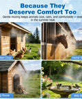 Beat The Heat Outdoor Misting System for Patio Cooling with Eight Brass Nozzles in use at chicken coop and animal areas.