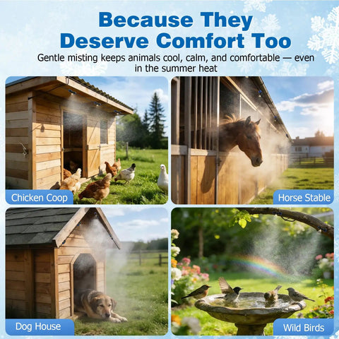 Beat The Heat Outdoor Misting System for Patio Cooling with Eight Brass Nozzles in use at chicken coop and animal areas.