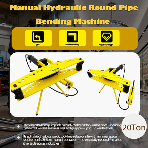 Heavy Duty Manual Hydraulic Pipe Bender With 20 Ton Force Quick Release Tubing Roller For Steel And Copper Fits Standard Tubing Sizes detailed view of yellow bender machine.