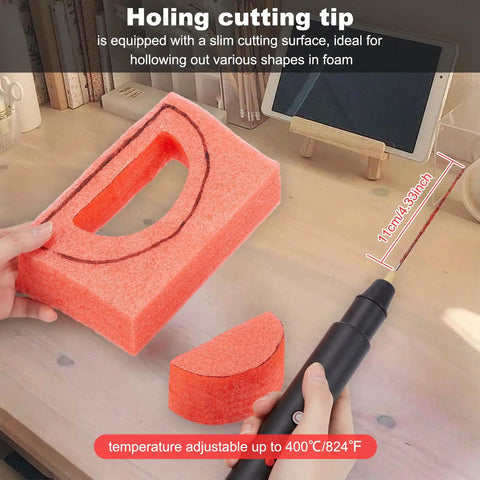 4 In 1 Foam Cutter Kit For Styrofoam And Easy Carving, hole cutting tip in use on a foam block, showing precise cutting.