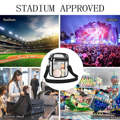 Clear Stadium Purse For Men and Women See Through Crossbody Bag for stadiums, concerts, security, and amusement park use.