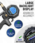 Dual Head Presta Schrader Air Chuck With Digital Tire Gauge And Inflator 3 To 200 PSI Precision One Percent close-up display