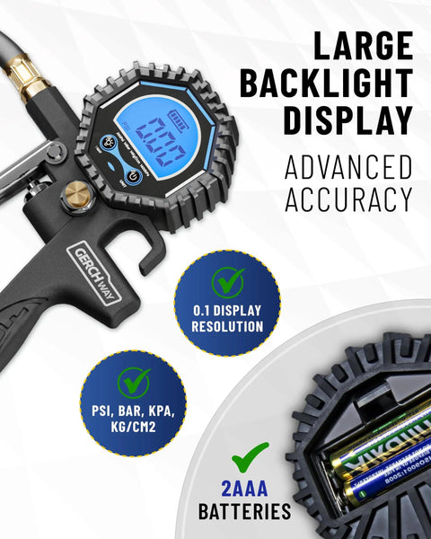 Dual Head Presta Schrader Air Chuck With Digital Tire Gauge And Inflator 3 To 200 PSI Precision One Percent close-up display