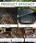 Before and after image showing grill effectiveness of Fast Acting Heavy Duty Grill Degreaser Spray for BBQ Grills, Professional Grade Stain Remover That Lifts Baked On Carbon and Grease, Quick Clean Power, Revives Grill Shine, 2 Pack.