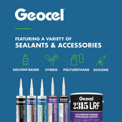 A variety of Geocel sealants and accessories including hybrid, polyurethane, and silicone options with 2315 LRF coating can.